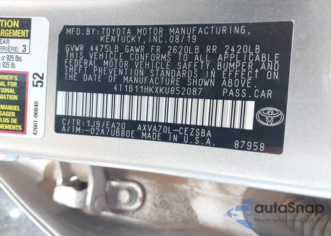 2019 Toyota Camry Se from USA, damaged, VIN 4T1B11HKXKU852087